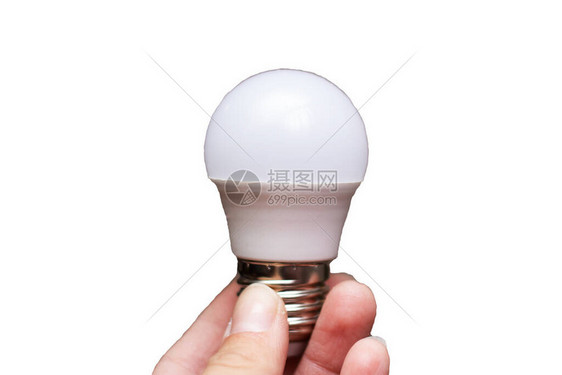 白色灯泡在手上孤立的白色背景图片