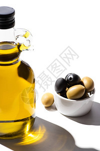 瓶装橄榄油近绿橄榄和黑图片