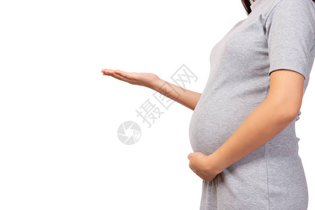 怀孕的母亲张开手掌复制空间并触摸她的腹部孕妇显示空手掌控股隔离在白色背景上图片