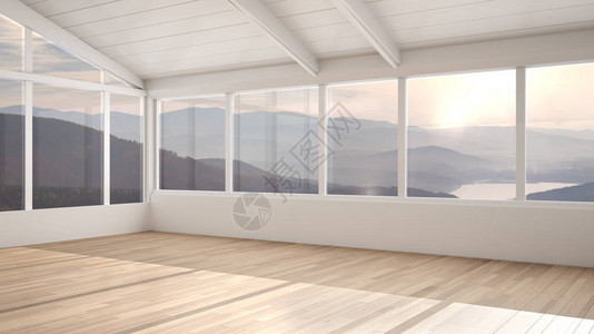 空荡的室内设计带木屋顶和镶木地板的开放空间大全景窗户山景现代建筑晨光带复背景图片