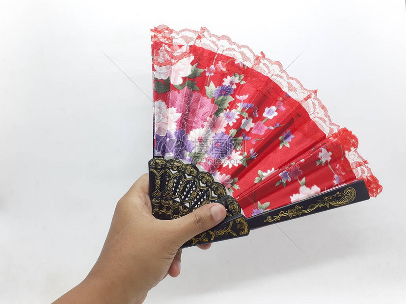 木制竹丝折扇中式日本复古风格手工彩色蜡染图案手扇带织物袖子和流苏家居装饰派对婚插画图片下载-正版图片504138215-摄图网