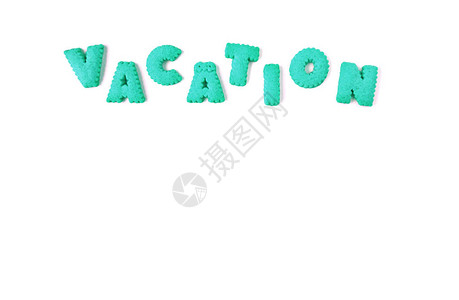 VACATION一词拼写为充满活力的水蓝色字母表图片
