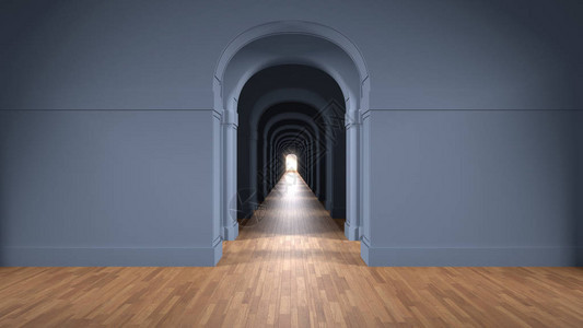 空荡的蓝色建筑内部有无限的拱门无尽的门口走廊走道迷宫图片