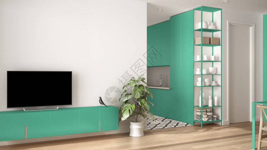 具有小型厨房椰子地板电视柜陶瓷工厂的现代绿色最小化客厅图片