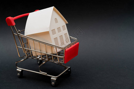 黑色玩具购物车白色小型房屋模型的近身图片