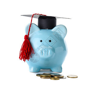 毕业帽子小猪银行和白背景钱财学费概图片