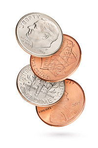 白背景中孤立的带硬币和美元零分图片