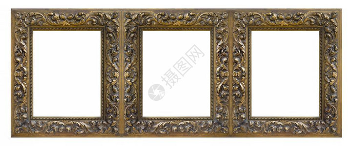 白色背景上孤立的绘画镜子或照片的三金框triptych带有剪切路背景图片