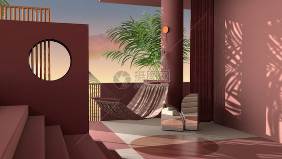 般的露台海上或日出全景热带棕榈树红色灰泥石膏墙楼梯和栏杆圆柱和窗帘吊图片
