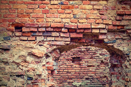 古建筑砖墙的废墟为古老风格的背景而关闭图片