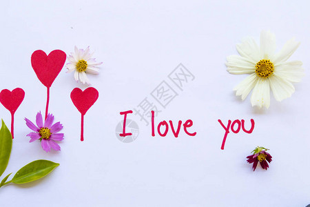 我爱你的贺卡笔迹花朵宇宙彩色心脏安排平的明信片风格图片