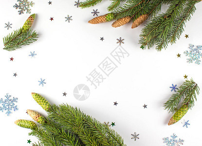 弗拉特利圣诞节新年和圣诞节圣诞贺卡背景圣诞树枝雪花和星隔图片