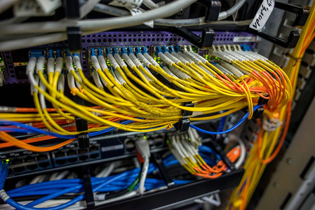 连接到服务器室补丁面板的红色互联网断线电缆图片