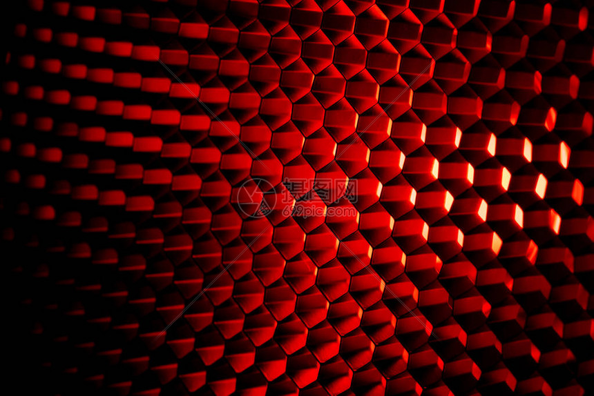 带红光的特写蜂窝网格纹理红色和深色金属六角形图案抽象背景光修改器设备金属蜂窝未来派模式蜂蜜图片