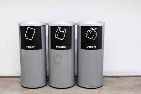 不同类型的现代回收箱用于单独的垃圾生态和自然可持续的图片