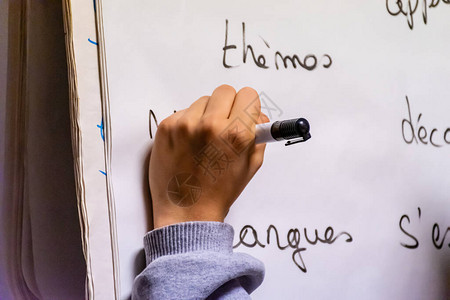 一位不知名的左撇手年轻女在一张法文翻贴图上写了文字图片