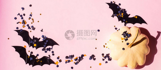 万圣节背景有南瓜黑蝙蝠和粉红背景的彩蛋图片