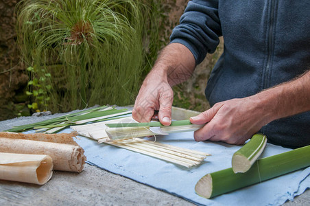 锡拉丘兹的木质工匠为获得薄条而切割一个帕皮鲁图片