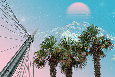 超现实景观棕榈树和模糊的山地拼图概念当代颜色和情绪社会背景插画