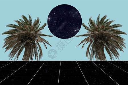 美丽的抽象超现实景观棕榈树和空间门户拼贴图概念当代颜色和社会背景