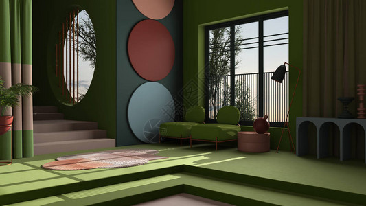 回味猪手古典空间中平面客厅的柔和色彩和形而上学抽象物混凝土楼梯和绿色墙壁扶手椅和盆栽植物地毯和灯插画