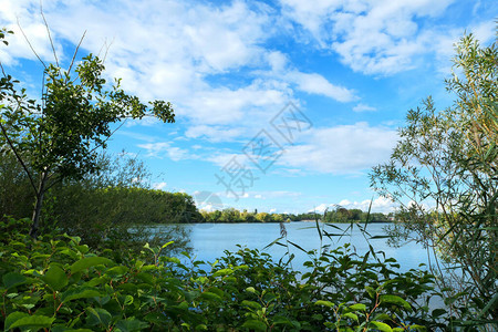 在水边的夏季风景看到阳光明媚的湖面图片