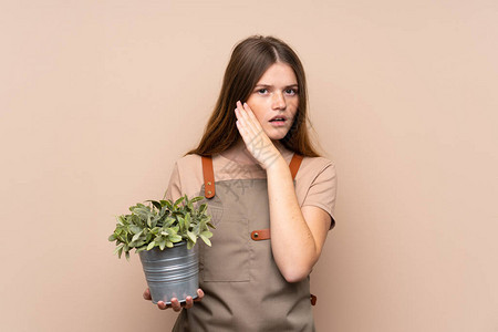 乌克兰青少年园丁女孩拿着一个植物悄图片