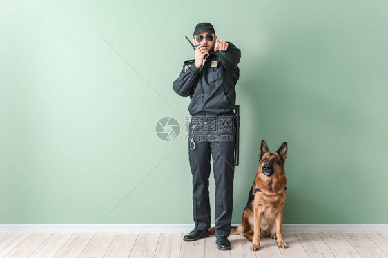 带狗的男警官靠近彩墙图片
