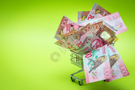 有新西兰百元钞票的微型购物车购物的概念背景图片