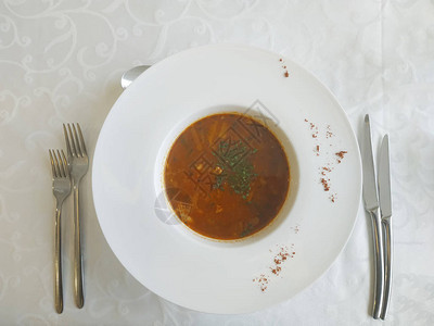 香辣番茄汤和肉类混合在一块有大片田地的盘子里图片