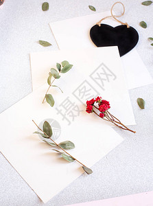 背景与副本空间白在桌子上与黑心桉树枝玫瑰花和叶子图片