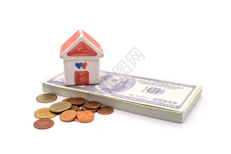 房子和美元孤立在白色背景上图片