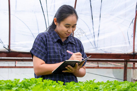 一名在温室工作带笔记本的亚洲农民妇女的肖像检查了农场上越来多的幼苗和图片