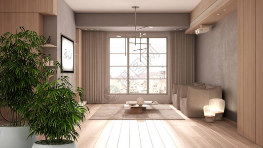 带有盆栽竹植物的禅宗内饰自然设计理念米色调的简约客厅木质和混凝土细节窗户窗帘镶木地板背景图片