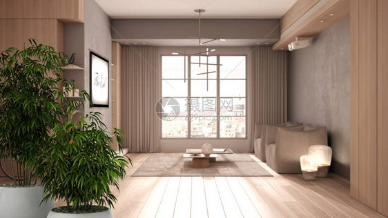 带有盆栽竹植物的禅宗内饰自然设计理念米色调的简约客厅木质和混凝土细节窗户窗帘镶木地板图片