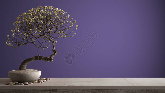 配有瓦子和陶瓷花盆白花紫色背景及复制空间的旧木制桌架图片