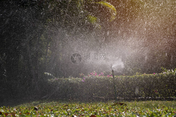 洒在绿草上浇水节水系统概念图片