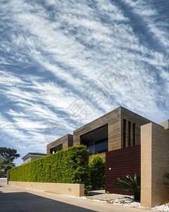蓝色天空背景上绿色植物墙的现代房屋实际生态建筑房地产图片