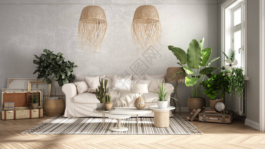 米色调的复古旧式沙发地毯枕头和藤制吊灯带装饰的桌子和盆栽植物窗户复古的背景图片