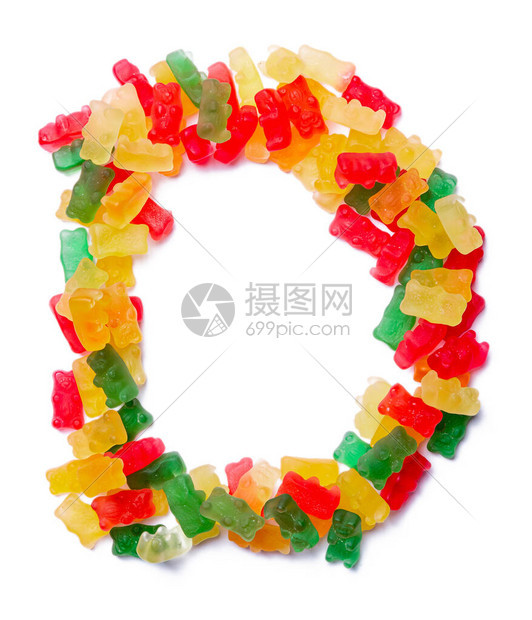 英文字母D来自白色孤立背景上的多色咀嚼果酱由儿童糖果熊制成的食物图案儿童设计图片