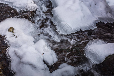 冬季徒步旅行时有冰雪的漩涡水图片