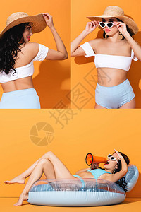 穿着泳装的女孩在用扩音器尖叫躺在橙色充气床垫上时摸着太阳镜和图片
