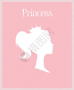 公主或王后轮廓剪影与皇冠在粉红色的背景与排版复古贺卡图片