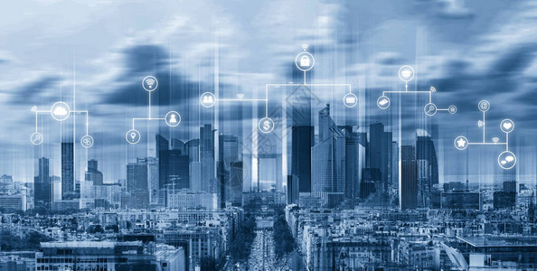 智能城市互联网无线和城市网络具有互联网络和在线媒体应用图标的图片
