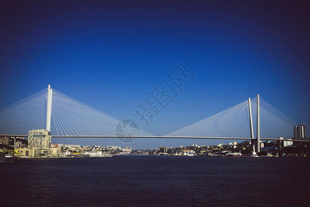 横跨宽阔海湾的现代斜拉桥图片