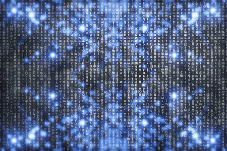 蓝色数字背景上的矩阵人物倒地符号流带有复制空间的闪亮虚拟现实闪发光的背景复杂的算法下降的字母和数字图片