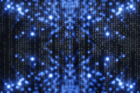 蓝色数字背景上的矩阵人物倒地符号流带有复制空间的闪亮虚拟现实闪发光的背景复杂的算法下降的字母和数字图片