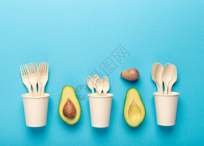 将Avocado种子循环利用到可支配餐具蓝底复制空图片