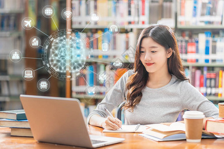 在大学图书馆使用技术笔记本电脑的亚洲年轻学生的人工智能的多边形脑状与智能城市物联网技图片