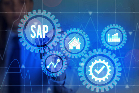 文字书写文本SAP展示SAP业务流程自动化软件的商业照片虚拟屏幕上的ERP企业资源规划系统概念人工智背景图片